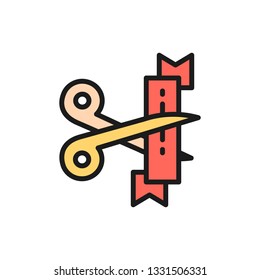 Vector ribbon cut with scissors, opening ceremony flat color line icon.