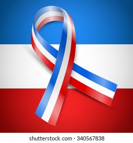 Vector ribbon flag of France, above country national flag background