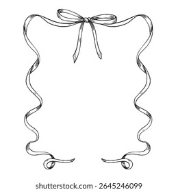 Vector Ribbon frame with Bow and curled sides. Black and white engraved illustration for baby shower greeting cards or wedding invitations. Outline etching of border for stationary Templates.