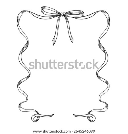Vector Ribbon frame with Bow and curled sides. Black and white engraved illustration for baby shower greeting cards or wedding invitations. Outline etching of border for stationary Templates.