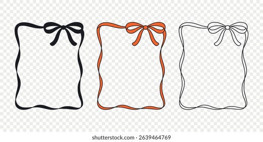Vector Ribbon Frame Set with Bow. Decorative Hand Drawn Ribbon Frame Outline In Black, Red, White for Greeting Card Design, Invitation, Scrapbooking, Gift Packaging, Stationery, Border Decoration