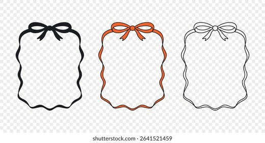 Vector Ribbon Frame Set with Bow. Decorative Hand Drawn Ribbon Frame Outline In Black, Red, White for Greeting Card Design, Invitation, Scrapbooking, Gift Packaging, Stationery, Border Decoration