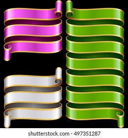 Vector ribbon frames set. Green, purple and yellow banners with golden border isolated on black background