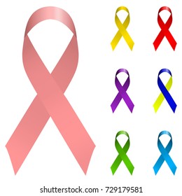 Vector ribbon holiday set. Bright colorful Icon logo collection isolated on white background. Breast cancer awareness, world aids day, down syndrome symbols.