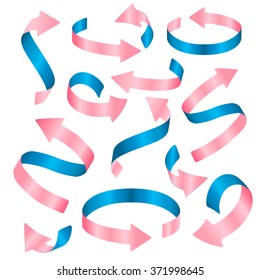 Vector ribbon paper realistic volumetric 3d colored curly arrow set. Colored shiny glossy objects. Poster banner print advertisement infographics design element