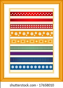 vector - Ribbon Sampler, 9  styles, oak wood frame: small polka dot, lace edge, checkered, grosgrain, large polka dot, stripes, squares, art deco, & flowers. EPS8 organized in groups for easy editing.