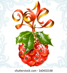Vector ribbon in the shape of 2014 and holly ball. Christmas and New Year greeting card