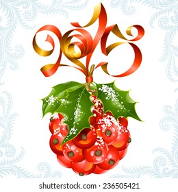 Vector ribbon in the shape of 2015 and holly ball. Christmas and New Year greeting card