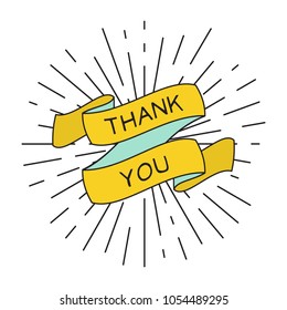 Vector ribbon with vintage light rays and Thank You text. Retro elements for banners, posters, gift cards, advertising and web