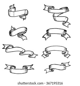 Vector ribbons and banners, chalk doodles. Hand drawn element vintage ribbon banners. Hand-drawn banners set.
