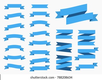 Vector ribbons banners isolated on White background. Blue tapes. Set of 22 blue ribbons banners.