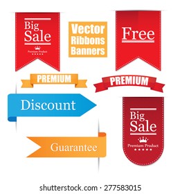 Vector ribbons banners set. Premium, guarantee, discount, sale, free