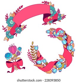Vector ribbons with colorful flowers.