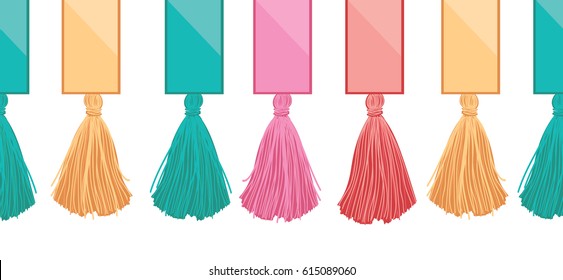 Vector Ribbons With Long Hanging Decorative Tassels Set Horizontal Seamless Repeat Border Pattern. Great for handmade cards, invitations, wallpaper, packaging, nursery designs.