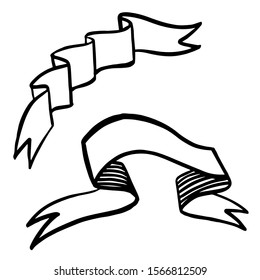 Vector Ribbons set. Black and white engraved ink art. Isolated ribbon illustration element on white background.