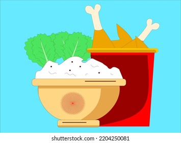 el arroz vectorial con pollo y lechuga se puede utilizar para las referencias del menú del restaurante o los diseños de embalaje
