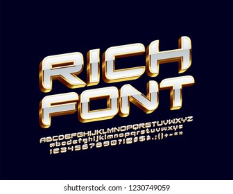 Vector Rich 3D Font. White and Golden rotated Alphabet Letters, Numbers and Symbols.