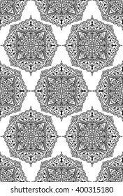 Vector rich background. Mandala seamless pattern. Black and white ornament. Retro backdrop.