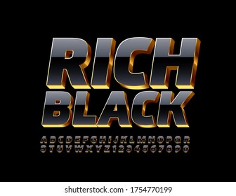 Fuente de oro y negro rico en vectores. Letras y números elegantes de alfabeto 3D brillante