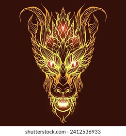 Vector rich card with golden outline illustration of a roaring dragon with sparkle on dark background. Fantasy luxury postcard with New Year symbol for sublimation, stickers and your design