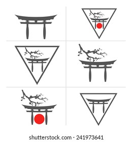 Vector rich elegant vintage set of emblems labels badges or logos for the japan club, asian club, karate or kung fu club, sport club with  blossoming japan cherry Sakura and traditional gates of torii