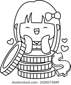 a vector of a rich girl with big coins in black and white coloring