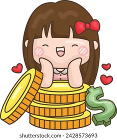 a vector of a rich girl with big coins