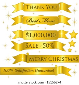 Vector Rich Gold Decorative Ribbons, Banners & Stars Set (Messages are easy to change)