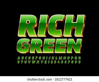 Vector Rich Green and Gold Alphabet Letters and Numbers set. 3D Luxury Font