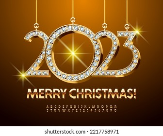 Vector rich greeting card Merry Christmas with brilliant toys 2023. Gold decorative Font. Chic Alphabet Letters and Numbers set