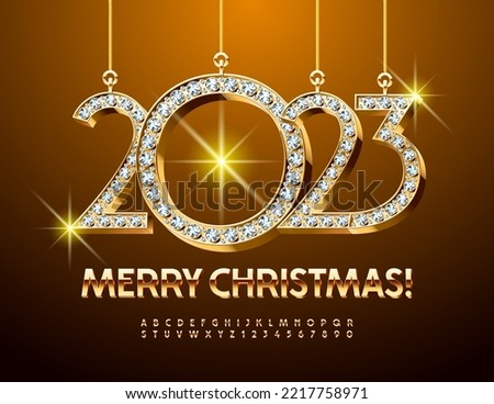 Vector rich greeting card Merry Christmas with brilliant toys 2023. Gold decorative Font. Chic Alphabet Letters and Numbers set