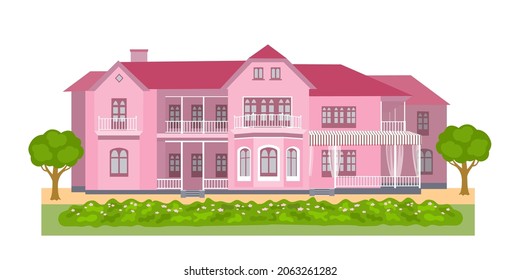 Vector rich house isolated on white background, illustration of big expensive mansion, luxury large cottage in greens