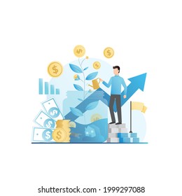 Vector, rich man grows, waters money tree with gold coins. Successful guy earns lot of finance, cash. Raising salaries, earnings. Investor, businessman with bank deposit in real estate, education.