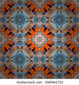 Vector rich ornament. Sloping seamless colorful ornament for design and backgrounds. Kaleidoscopic orient popular style in blue, orange and beige colors.