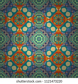 Vector rich ornament. Sloping seamless colorful ornament for design and backgrounds. Kaleidoscopic orient popular style in pink, yellow and blue colors.