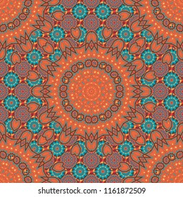 Vector rich ornament. Sloping seamless colorful ornament for design and backgrounds. Kaleidoscopic orient popular style in brown, magenta and blue colors.
