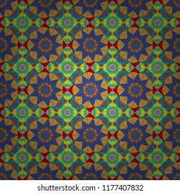 Vector rich ornament. Sloping seamless colorful ornament for design and backgrounds. Kaleidoscopic orient popular style in yellow, violet and blue colors.