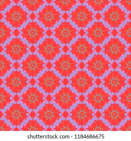 Vector rich ornament. Sloping seamless colorful ornament for design and backgrounds. Kaleidoscopic orient popular style in pink, blue and red colors.