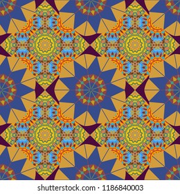 Vector rich ornament. Sloping seamless colorful ornament for design and backgrounds. Kaleidoscopic orient popular style in yellow, violet and blue colors.
