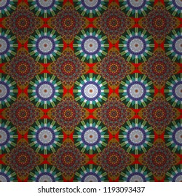 Vector rich ornament. Sloping seamless colorful ornament for design and backgrounds. Kaleidoscopic orient popular style in green, blue and brown colors.