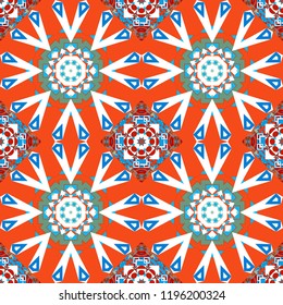 Vector rich ornament. Sloping seamless colorful ornament for design and backgrounds. Kaleidoscopic orient popular style in white, blue and orange colors.