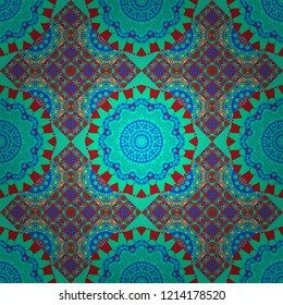 Vector rich ornament. Sloping seamless colorful ornament for design and backgrounds. Kaleidoscopic orient popular style in blue, red and green colors.