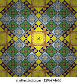 Vector rich ornament. Sloping seamless colorful ornament for design and backgrounds. Kaleidoscopic orient popular style in yellow, blue and green colors.