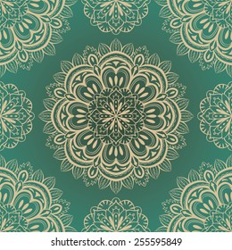 vector, rich, seamless, green background with symmetrical mandalas light color 