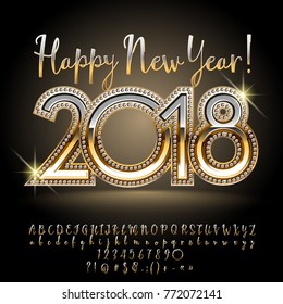 Vector rich shiny greeting card Happy New Year 2018. Luxury set of golden Calligraphic Alphabet Letters, Numbers and Punctuation Symbols