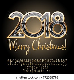 Vector rich shiny greeting card Merry Christmas 2018. Luxury set of golden Calligraphic Alphabet Letters, Numbers and Punctuation Symbols