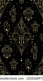 Vector rich texture with golden occult symbols with stars and crescent on black background. Mystical luxury geometric pattern. Sacral contour gold background for wrapping paper