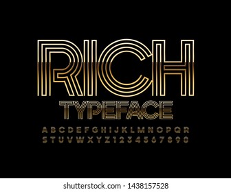 Vector Rich Typeface. Uppercase Golden Font. Creative elite Alphabet Letters, Numbers and Symbols