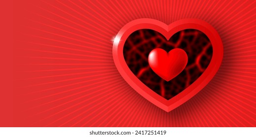 Vector richly bright red banner or card. Heart with bloody turbid vessels. Radiant background. Congratulations banner. Happy Valentines day or wedding. Love and feelings.