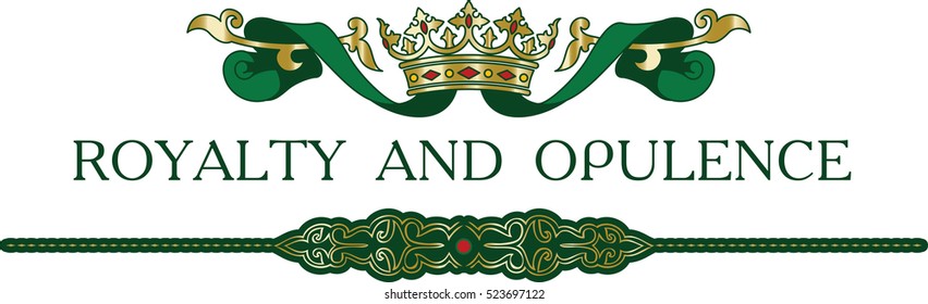 Vector richly decorated elegant ribbons frame banner with gold crown in baroque style.